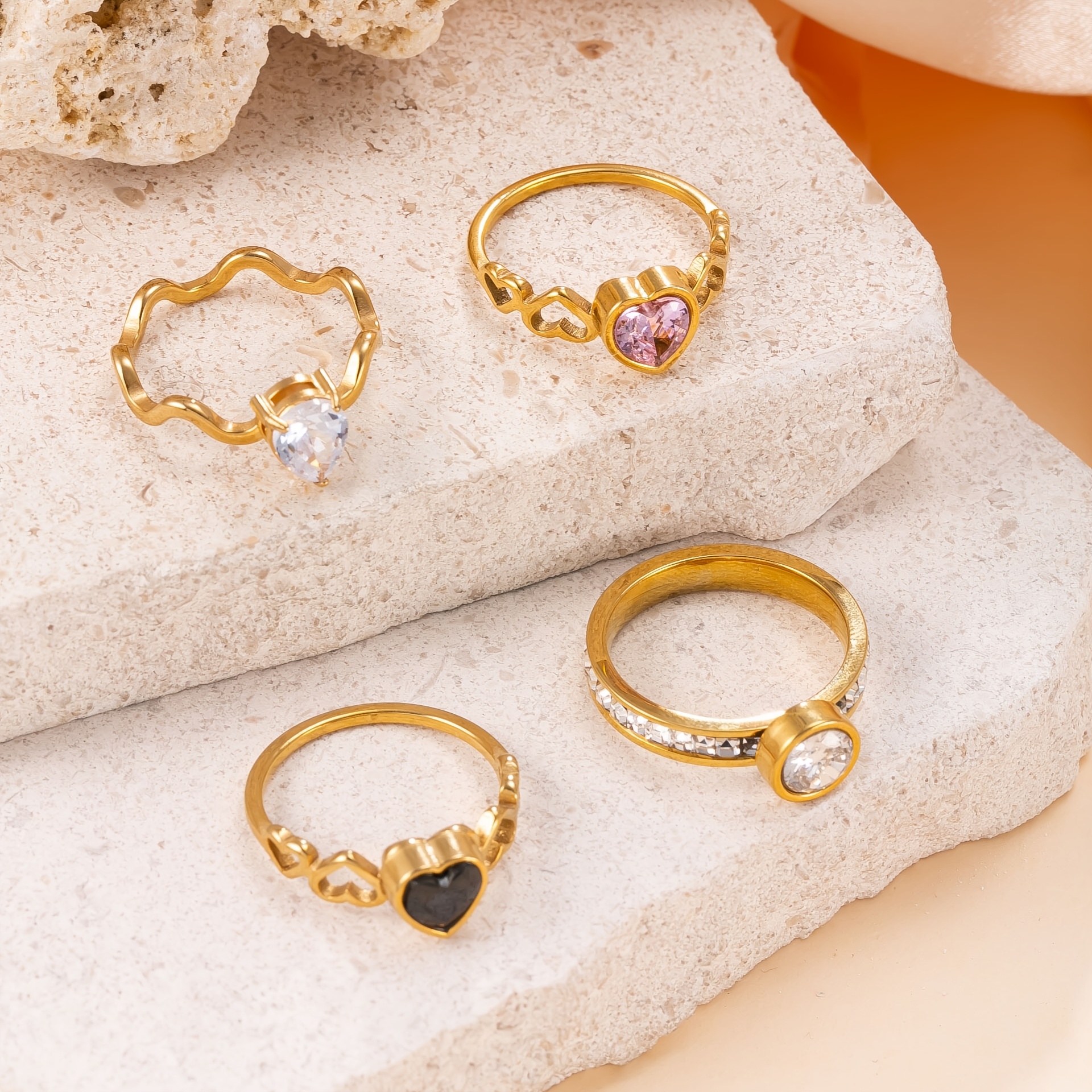 4pc Fashionable 18K Plated Zirconia-Encrusted Ring Set